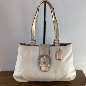 Coach Soho Med F18751 East West Tote Shoulder Bag Cream Leather Gold Tone Trim